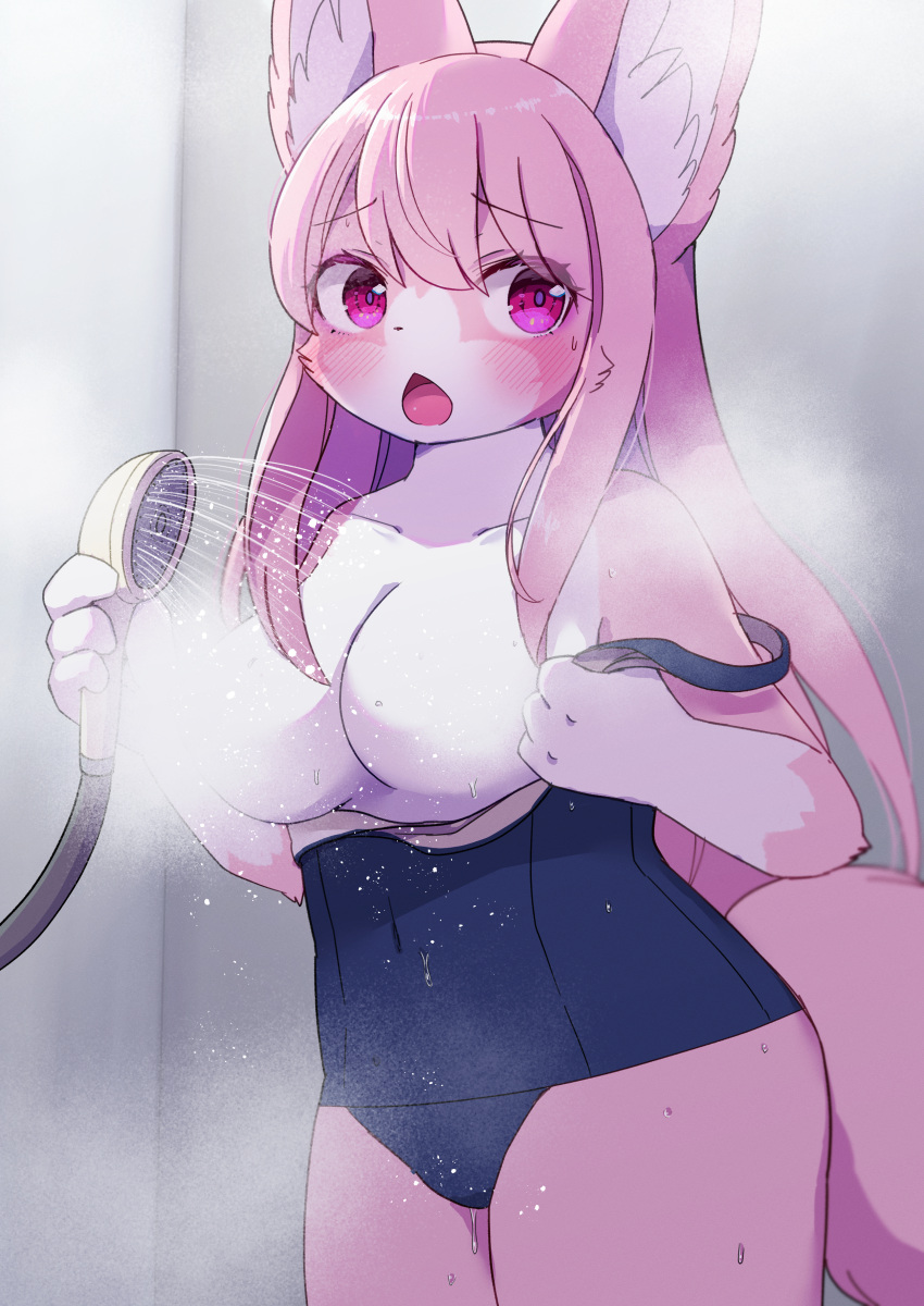 2022 4_fingers absurd_res anthro bathing blush breasts canid canine clothed clothing convenient_censorship exposed_breasts female fingers fox fur gloves_(marking) hair hi_res holding_object kemono kemoribbon long_hair mammal markings multicolored_body multicolored_fur one-piece_swimsuit open_mouth partially_clothed pink_body pink_eyes pink_fur pink_hair portrait school_swimsuit shower solo steam swimwear three-quarter_portrait tongue translated_description two_tone_body two_tone_fur water wet wet_body wet_clothing white_body white_fur