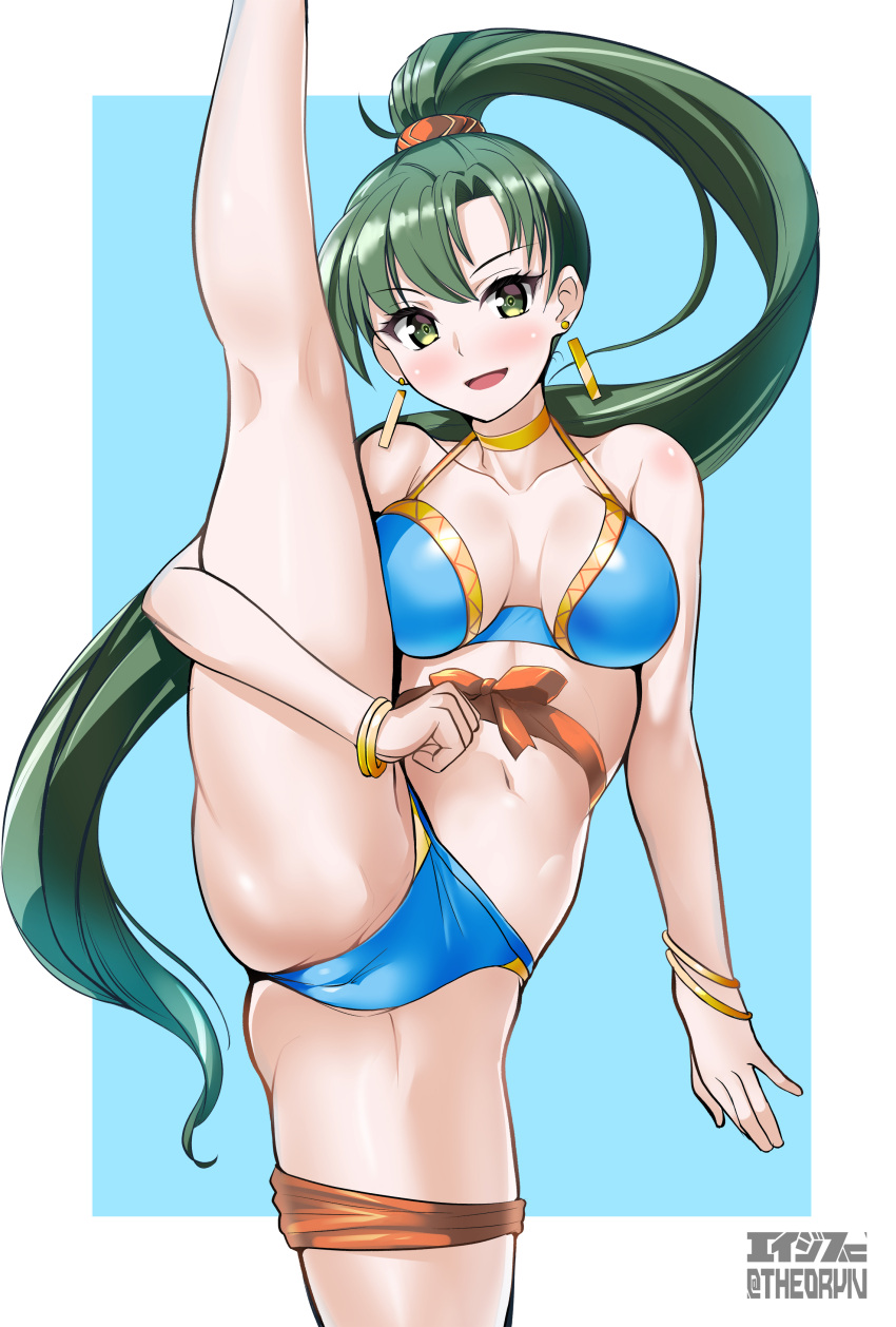 1girl absurdres aegis_(nerocc) bikini blue_bikini bracelet breasts cameltoe earrings fire_emblem fire_emblem:_the_blazing_blade fire_emblem_heroes green_eyes green_hair highres jewelry long_hair looking_at_viewer lyn_(fire_emblem) lyn_(summer)_(fire_emblem) medium_breasts official_alternate_costume open_mouth partially_visible_vulva ponytail smile solo split standing standing_on_one_leg standing_split swimsuit very_long_hair