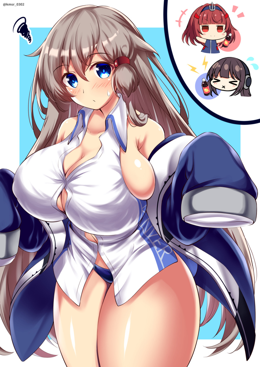 3girls :x anchor_hair_ornament azur_lane bangs blue_coat blue_eyes blue_panties blunt_bangs blush bottle breasts brown_hair bursting_breasts character_request chibi chibi_inset cleavage closed_mouth coat collared_shirt commentary_request covered_nipples denver_(azur_lane) drink eyebrows_visible_through_hair flying_sweatdrops hair_between_eyes hair_ornament hairband highres holding holding_drink kamishiro_(rsg10679) large_breasts lightning_bolt_symbol long_hair looking_at_viewer multiple_girls panties red_eyes reeds shirt squiggle standing thighs twitter_username underwear very_long_hair white_shirt