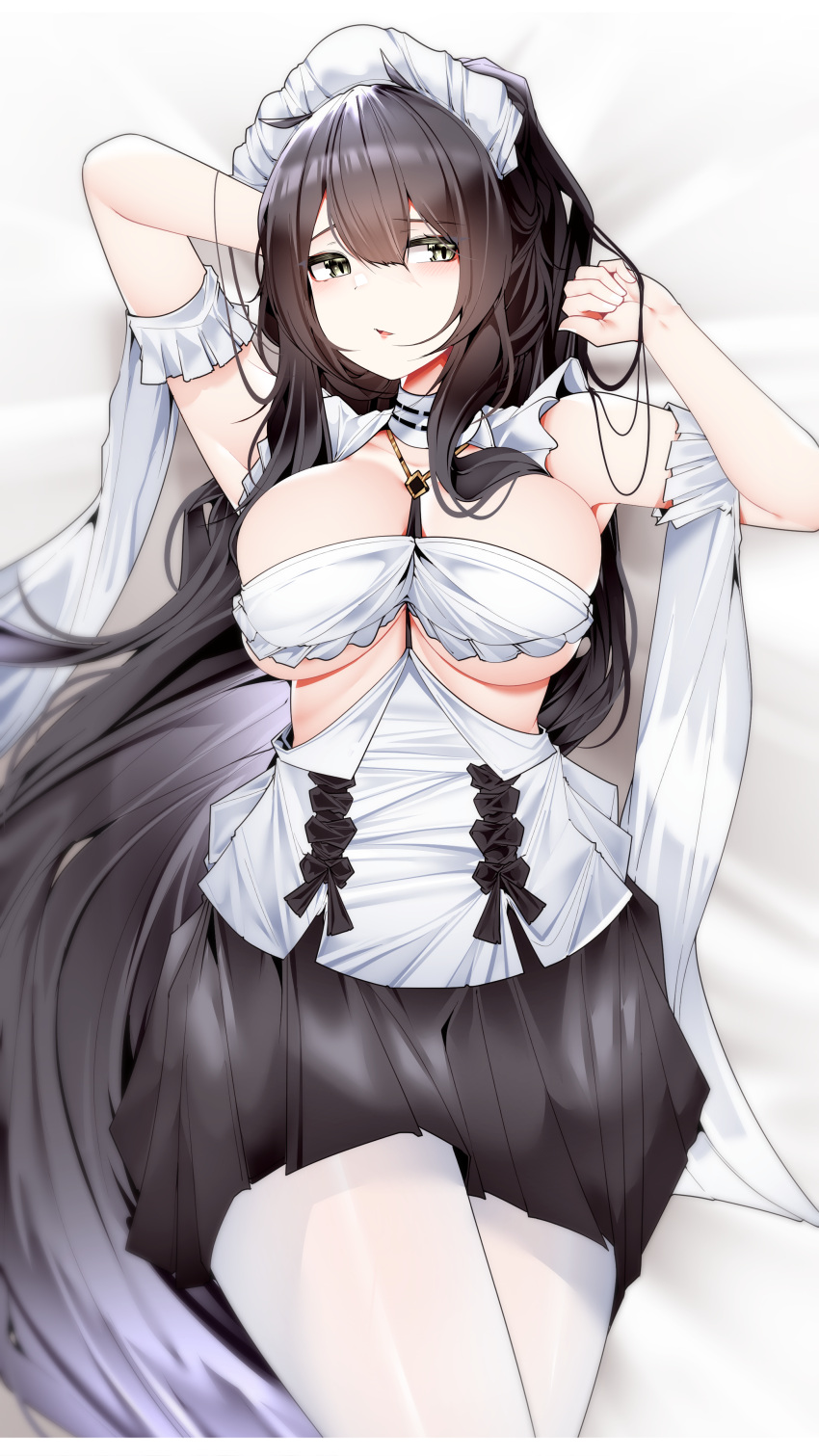 1girl absurdres arm_behind_head arm_up azur_lane bangs black_bow black_hair black_skirt blush bow breasts cleavage cleavage_cutout clothing_cutout detached_sleeves eyebrows_visible_through_hair hair_between_eyes hand_in_own_hair highres indomitable_(azur_lane) jewelry large_breasts long_hair looking_at_viewer lying maid_headdress necklace neclace on_back pantyhose parted_lips revealing_clothes samip skirt solo very_long_hair white_legwear yellow_eyes