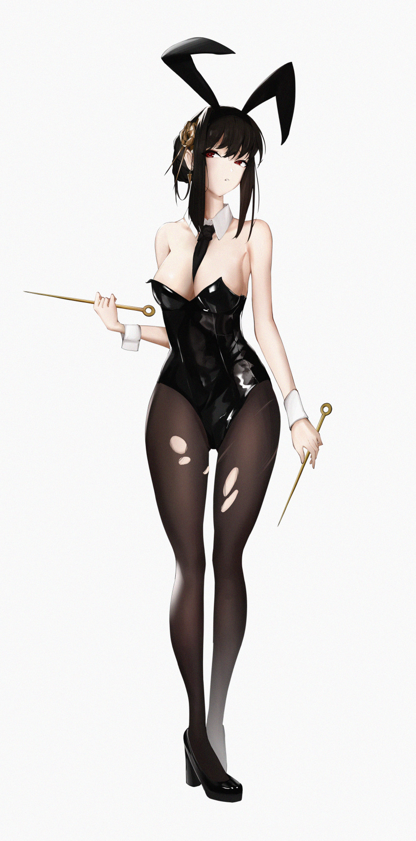 1girl absurdres animal_ears black_footwear black_legwear black_leotard breasts brown_hair cleavage commentary_request covered_navel dagger fake_animal_ears high_heels highres holding knife leotard lucifinil_desuwa parted_lips playboy_bunny rabbit_ears small_breasts solo spy_x_family stiletto_(weapon) strapless strapless_leotard weapon wrist_cuffs yor_briar