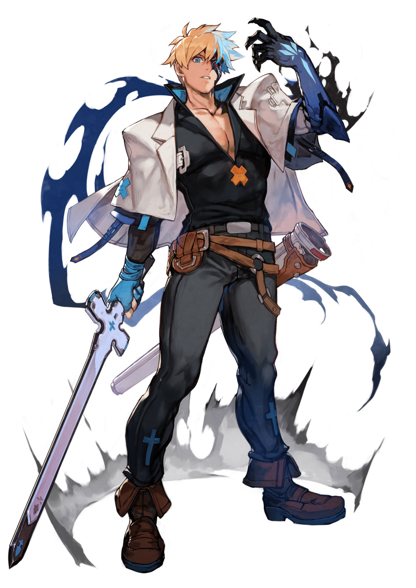 1boy absurdres ankle_boots belt black_pants black_sclera black_skin blonde_hair blue_eyes boots brown_footwear capelet colored_sclera colored_skin cross dragon_install guilty_gear guilty_gear_strive heterochromia highres holding holding_sword holding_weapon hungry_clicker ky_kiske looking_at_viewer loose_belt male_focus multicolored_skin pants pectorals plunging_neckline popped_collar red_eyes scabbard sheath short_hair solo sword thunderseal two-tone_skin weapon white_capelet