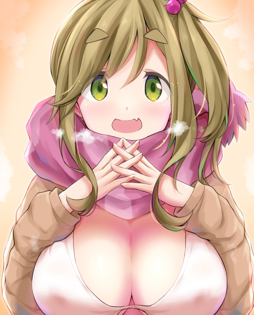 1girl :d bangs bikini breasts breath brown_background brown_hair brown_jacket cleavage commentary_request eyebrows_visible_through_hair fang green_eyes hair_between_eyes hair_bobbles hair_ornament highres interlocked_fingers inuyama_aoi jacket large_breasts looking_at_viewer one_side_up open_clothes open_jacket purple_scarf scarf short_eyebrows smile solo swimsuit thick_eyebrows upper_body watarui white_bikini yurucamp