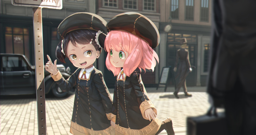 2girls 2others absurdres ahoge anya_(spy_x_family) bangs becky_blackbell black_hair black_headwear blush briefcase brown_eyes car closed_mouth commentary_request eden_academy_uniform green_eyes ground_vehicle highres holding holding_briefcase holding_hands index_finger_raised long_sleeves looking_at_another motor_vehicle multiple_girls multiple_others neck_ribbon open_mouth outdoors pink_hair red_ribbon ribbon ryosios signpost smile spy_x_family two_side_up