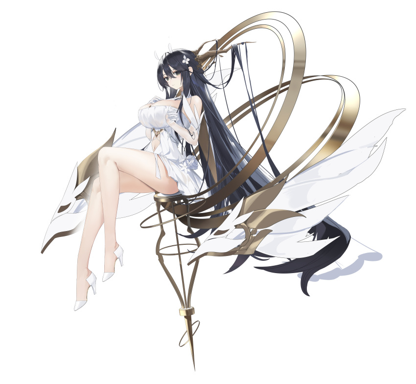 1girl absurdres antlers azur_lane bangs bare_legs black_hair blush breasts cleavage closed_mouth clothing_cutout detached_sleeves dress eyebrows_visible_through_hair flower full_body gloves green_eyes hair_between_eyes hair_flower hair_ornament hand_on_own_chest high_heels highres huge_breasts indomitable_(azur_lane) long_hair navel navel_cutout qtian short_dress short_sleeves simple_background sitting solo very_long_hair white_background white_dress white_flower white_footwear white_gloves