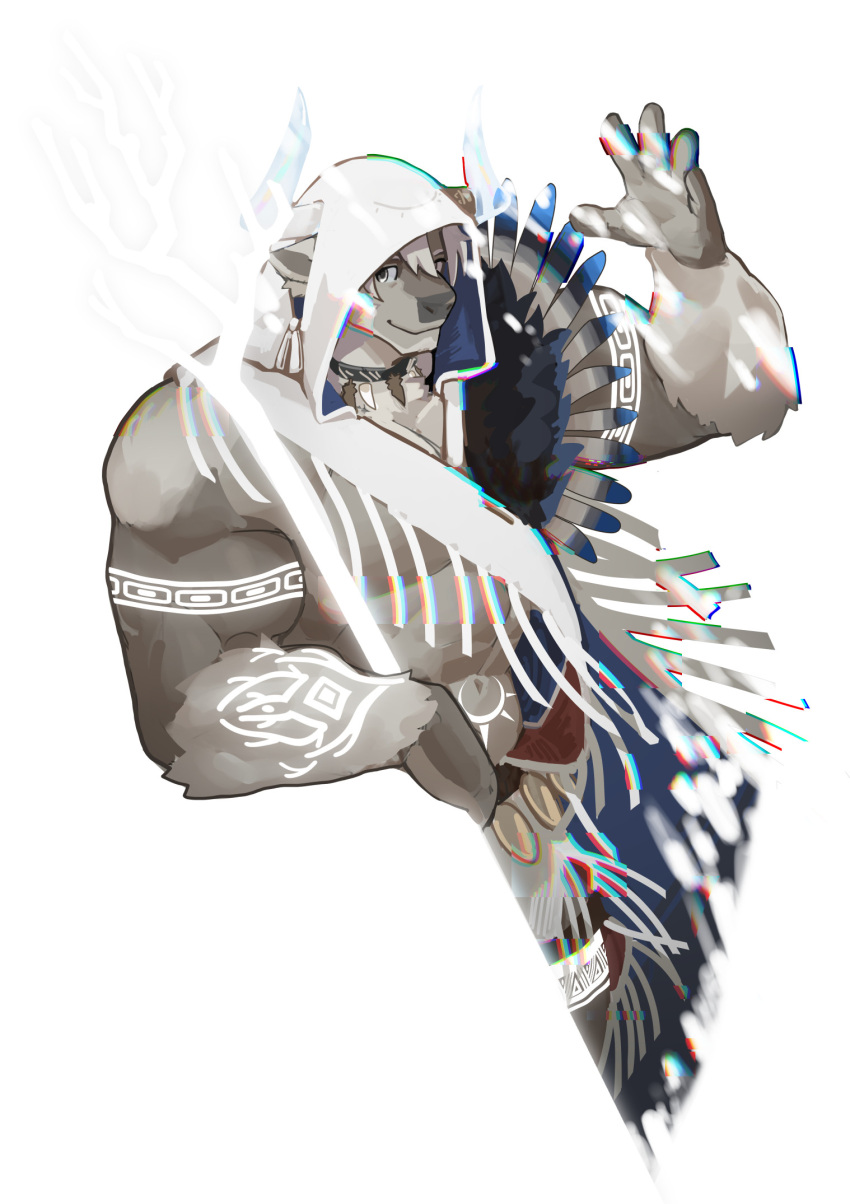 1boy animal_ears arm_tattoo bara big_foot_(housamo) body_fur brown_fur cow_ears feathers fringe_trim furry furry_male glitch hair_between_eyes hand_up highres holding holding_staff hood hood_up horns leaning male_focus minotaur muscular muscular_male native_american native_american_clothes negative_space simple_background solo staff tattoo tokyo_afterschool_summoners upper_body white_background white_fur white_hair white_horns zoyu_(wuedti)
