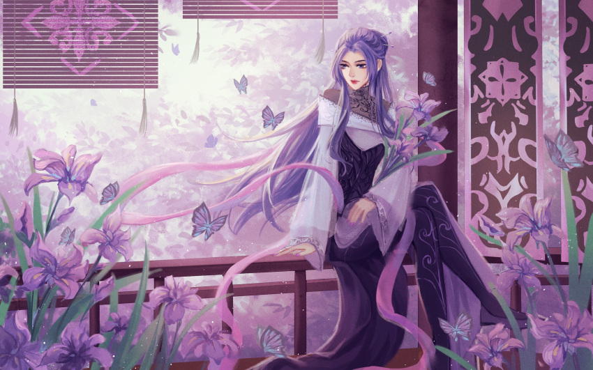 1girl absurdres boots bug butterfly expressionless fence flower highres long_hair looking_to_the_side purple_hair qin_shi_ming_yue sitting solo tassel white_sky windowsill zi_nu_(qin_shi_ming_yue) zi_nu_zhuye_jun