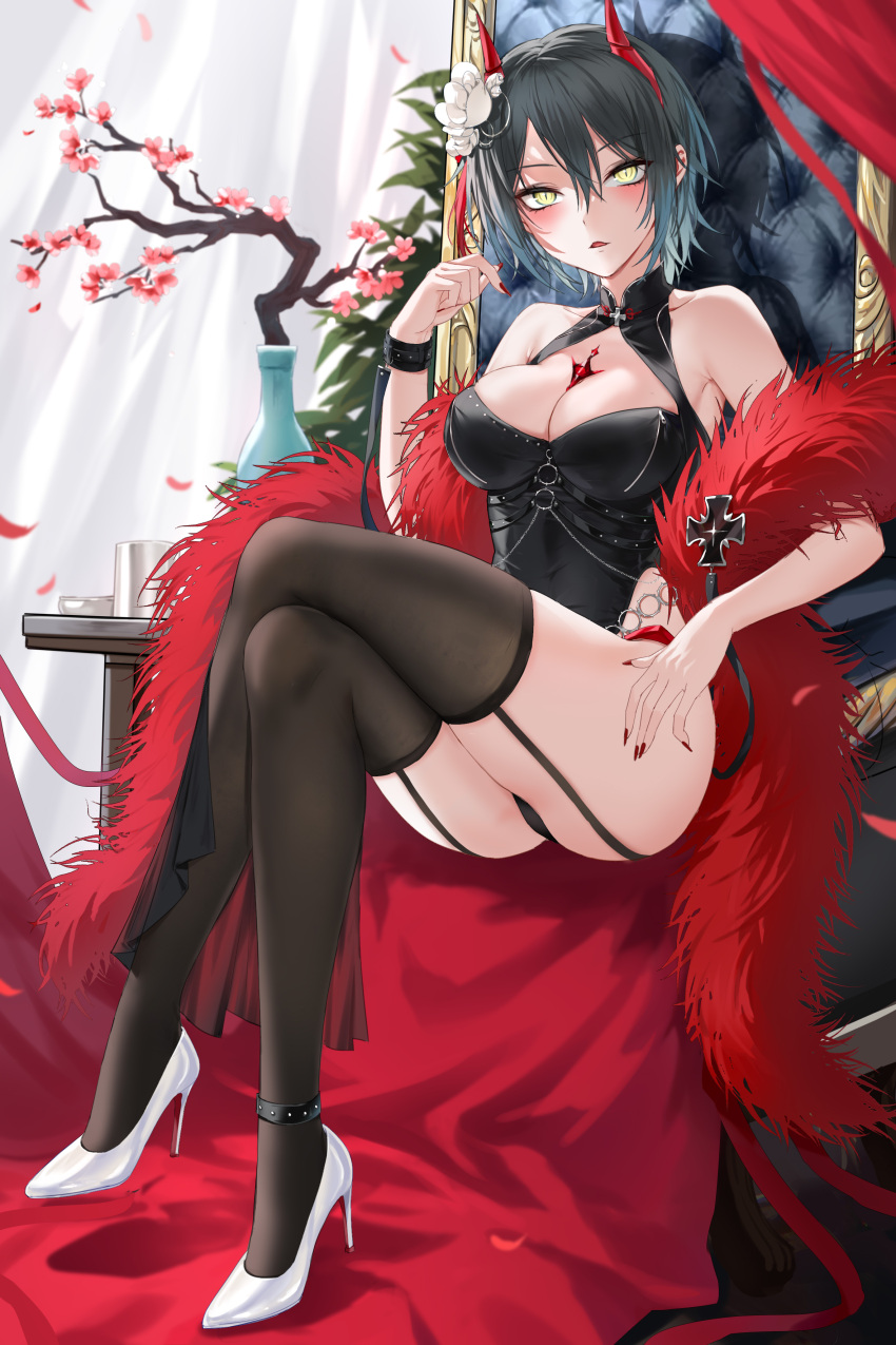 1girl absurdres alternate_costume ass azur_lane bangs between_breasts black_dress black_footwear black_legwear blush breasts cape cleavage cleavage_cutout clothing_cutout commentary_request cross crossed_legs devil_heavens dress eyebrows_visible_through_hair fingernails flower full_body fur-trimmed_cape fur_scarf fur_trim garter_straps hair_between_eyes hair_flower hair_ornament high_heels highres horns iron_cross large_breasts long_fingernails looking_at_viewer mechanical_horns nail_polish o-ring off_shoulder open_mouth petals red_horns red_nails short_hair sidelocks sitting solo thighhighs thighs ulrich_von_hutten_(azur_lane) wristband yellow_eyes