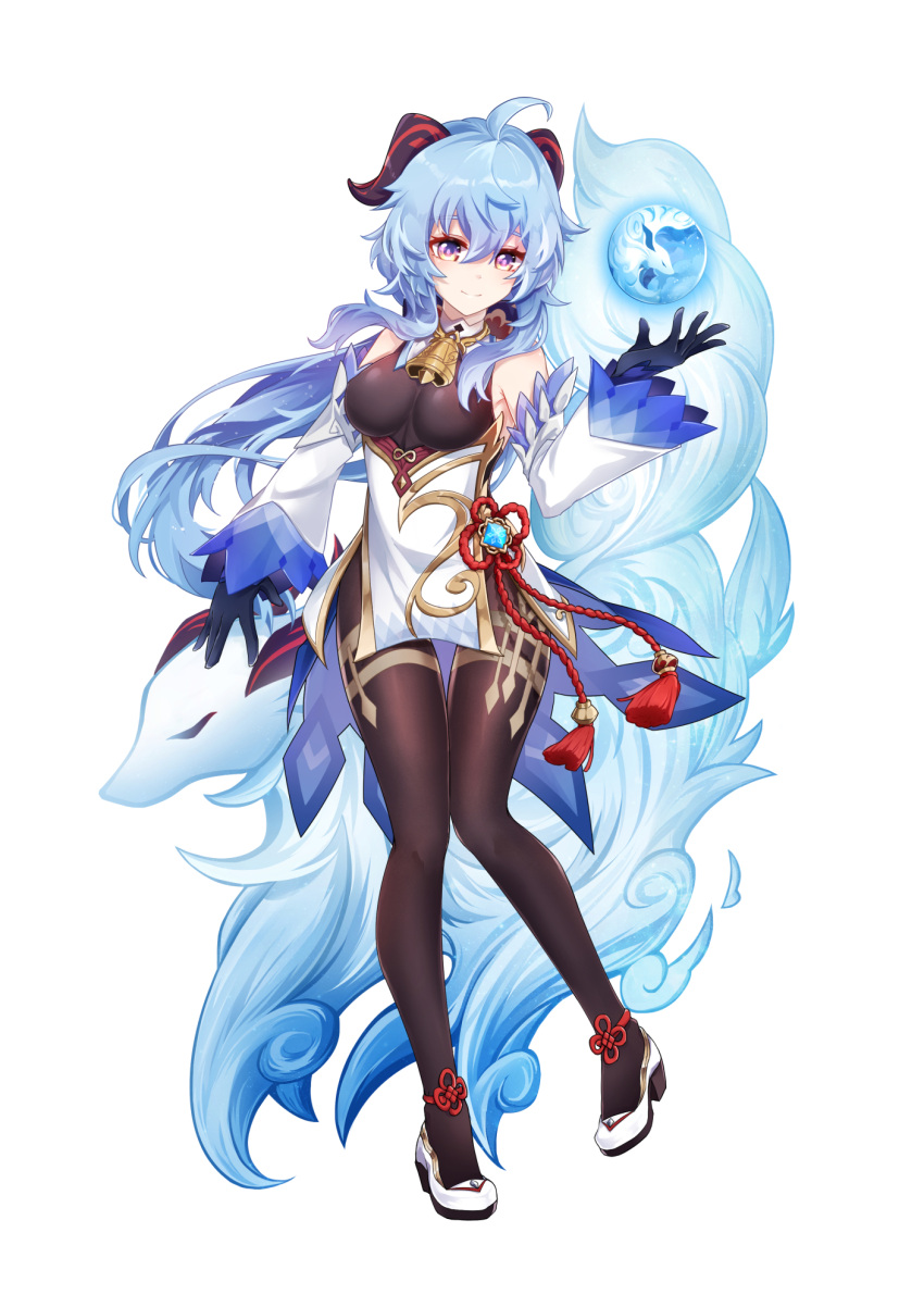 1girl ahoge bangs bare_shoulders bell black_gloves black_legwear blue_hair breasts chinese_knot detached_sleeves flower_knot full_body ganyu_(genshin_impact) genshin_impact gloves gold_trim high_heels highres horns light_smile lily030988 long_hair looking_at_viewer low_ponytail medium_breasts neck_bell orb purple_eyes qilin_(mythology) sidelocks solo standing tachi-e tassel thighlet thighs vision_(genshin_impact) waist_cape white_background white_sleeves wide_sleeves