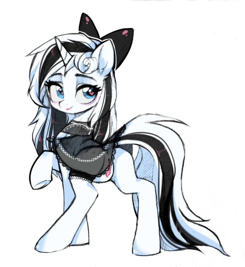 &lt;3 anus black_clothing black_hair blue_eyes bow_tie clothing equid equine female feral friendship_is_magic genitals hair hasbro hi_res horn horse mammal multicolored_hair my_little_pony pony presenting pussy solo two_tone_hair unicorn white_body white_hair wkirin2