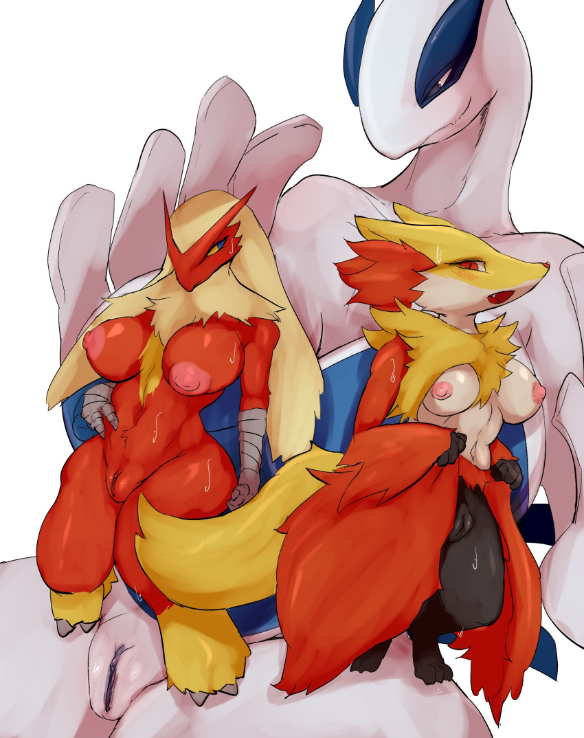 anthro avian blaziken breasts canid canine cottontail delphox female fur genitals hair hi_res inner_ear_fluff legendary_pok&eacute;mon lugia mammal nintendo nipples nude pok&eacute;mon pok&eacute;mon_(species) pussy smile tuft video_games yellow_body