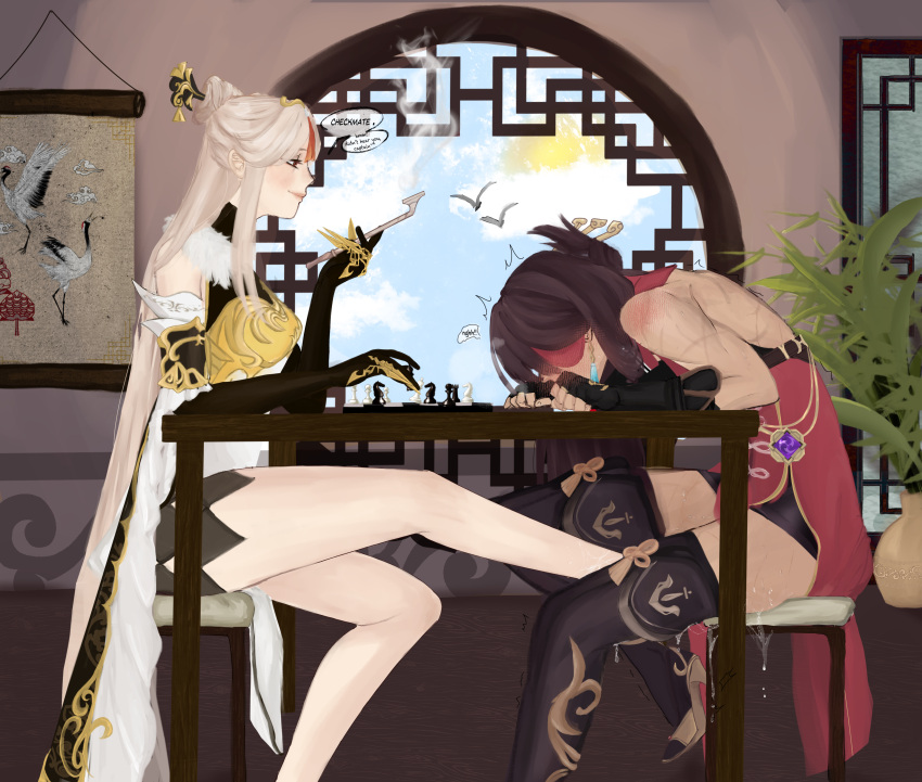 2girls absurdres bangs bare_shoulders barefoot beidou_(genshin_impact) black_gloves black_hair black_legwear board_game boots breasts brown_hair brown_legwear chess chess_piece chessboard china_dress chinese_clothes claw_ring detached_sleeves dress elbow_gloves eyepatch footjob fur_collar fur_trim genshin_impact gloves hair_ornament hair_over_one_eye hair_stick hairpin high_heel_boots high_heels highres iwafaa large_breasts long_hair multiple_girls ningguang_(genshin_impact) parted_bangs pelvic_curtain pussy_juice red_eyes sidelocks table tassel thigh_boots very_long_hair white_dress white_hair window yuri