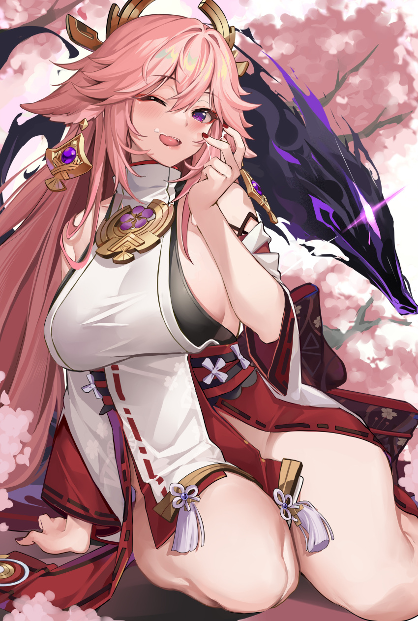 1girl absurdres animal_ears bangs bare_shoulders blush breasts detached_sleeves earrings fox_ears genshin_impact hair_ornament highres jewelry kikimi large_breasts licking_lips long_hair looking_at_viewer necklace one_eye_closed open_mouth pendant pink_hair purple_eyes red_skirt sideboob sidelocks skirt sleeveless smile solo suggestive_fluid thighs tongue tongue_out very_long_hair wide_sleeves yae_miko