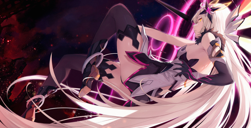 1girl absurdres asymmetrical_gloves bangs bare_shoulders black_footwear black_gloves boots breasts chinese_commentary commentary_request dress full_body gloves hair_ornament highres honkai_(series) honkai_impact_3rd kiana_kaslana kiana_kaslana_(herrscher_of_the_void) long_hair mismatched_gloves shoe_soles sideboob snozaki solo thigh_boots white_dress white_gloves white_hair yellow_eyes
