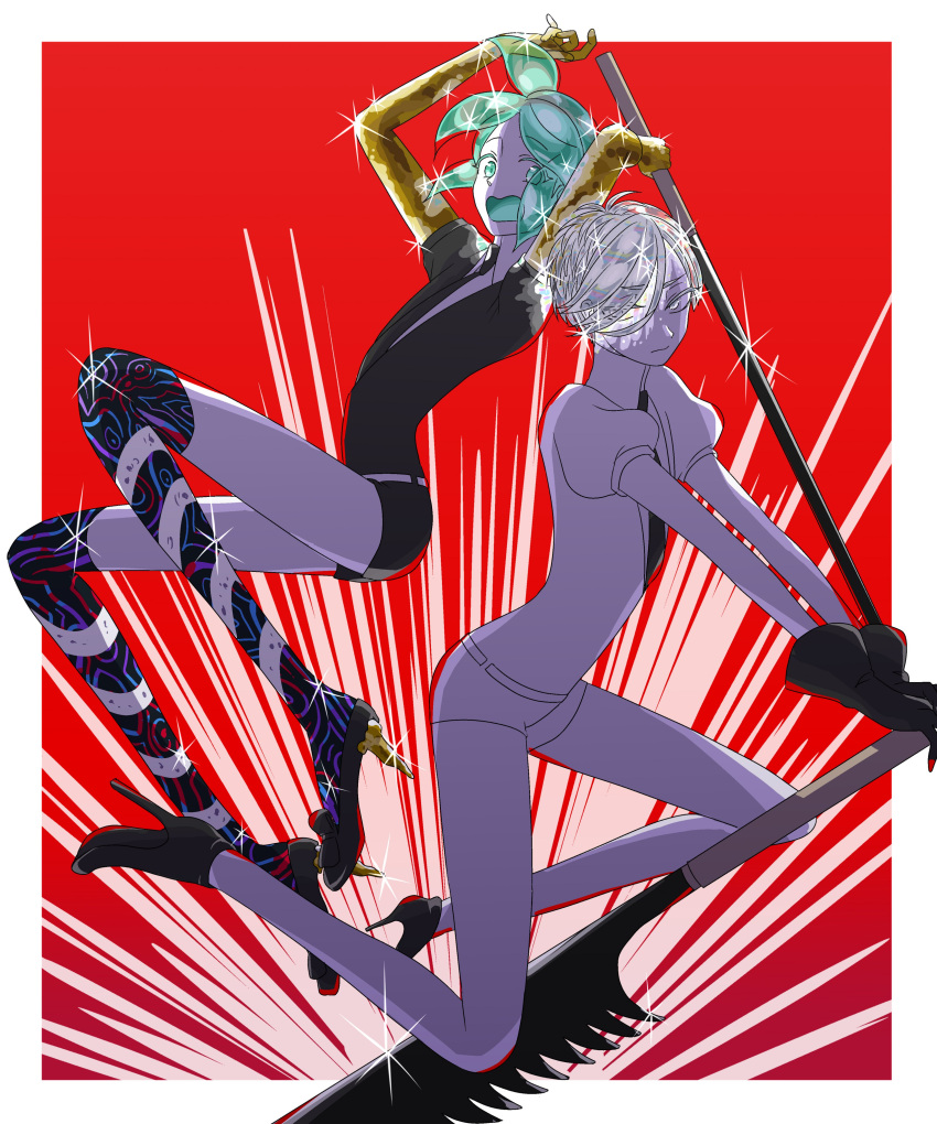 2others absurdres androgynous antarcticite gem_uniform_(houseki_no_kuni) golden_arms high_heels highres houseki_no_kuni long_legs multiple_others necktie phosphophyllite shiny sword weapon