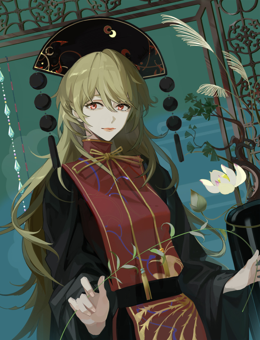 1girl black_dress black_headwear blonde_hair bonsai chinese_clothes closed_mouth commentary dress expressionless eyebrows_behind_hair fingernails flower hair_between_eyes highres indoors its8b junko_(touhou) lips lipstick long_hair looking_at_viewer makeup neck_ribbon phoenix_crown red_eyes red_tabard ribbon solo tabard tassel touhou tsurime upper_body very_long_hair white_flower yellow_ribbon