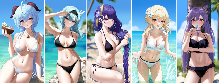 5girls :d absurdres ahoge alternate_costume aqua_hair arm_support arm_under_breasts arm_up armpits artist_name ass_visible_through_thighs asymmetrical_hair bangs beach bikini black_bikini black_hairband blonde_hair blue_hair blue_sky blunt_bangs blurry blurry_background blush braid braided_ponytail breasts choker cleavage closed_mouth coconut collage collarbone commentary commentary_request cone_hair_bun cowboy_shot day dot_nose drink drinking_straw earrings eula_(genshin_impact) expressionless eyebrows_visible_through_hair feather_hair_ornament feathers flower food frilled_bikini frills fruit_cup ganyu_(genshin_impact) genshin_impact goat_horns groin hair_between_eyes hair_flower hair_ornament hair_tassel hairband halterneck hammock hand_up highres holding holding_drink holding_food holding_hair horns jewelry keqing_(genshin_impact) kohanayuki large_breasts leaning_forward long_hair looking_at_viewer lumine_(genshin_impact) medium_breasts medium_hair mole mole_under_eye multicolored_eyes multiple_girls navel necklace ocean open_mouth outdoors palm_tree parted_lips popsicle popsicle_in_mouth purple_choker purple_eyes purple_flower purple_hair raiden_shogun rock sand shading_eyes short_hair_with_long_locks side-tie_bikini sidelocks sitting skindentation sky smile splashing standing stomach strap_gap string_bikini sweat swimsuit tassel tassel_choker teeth thigh_gap thighs tree twintails very_long_hair wading water wet wet_hair white_bikini white_flower wringing_hair yellow_eyes