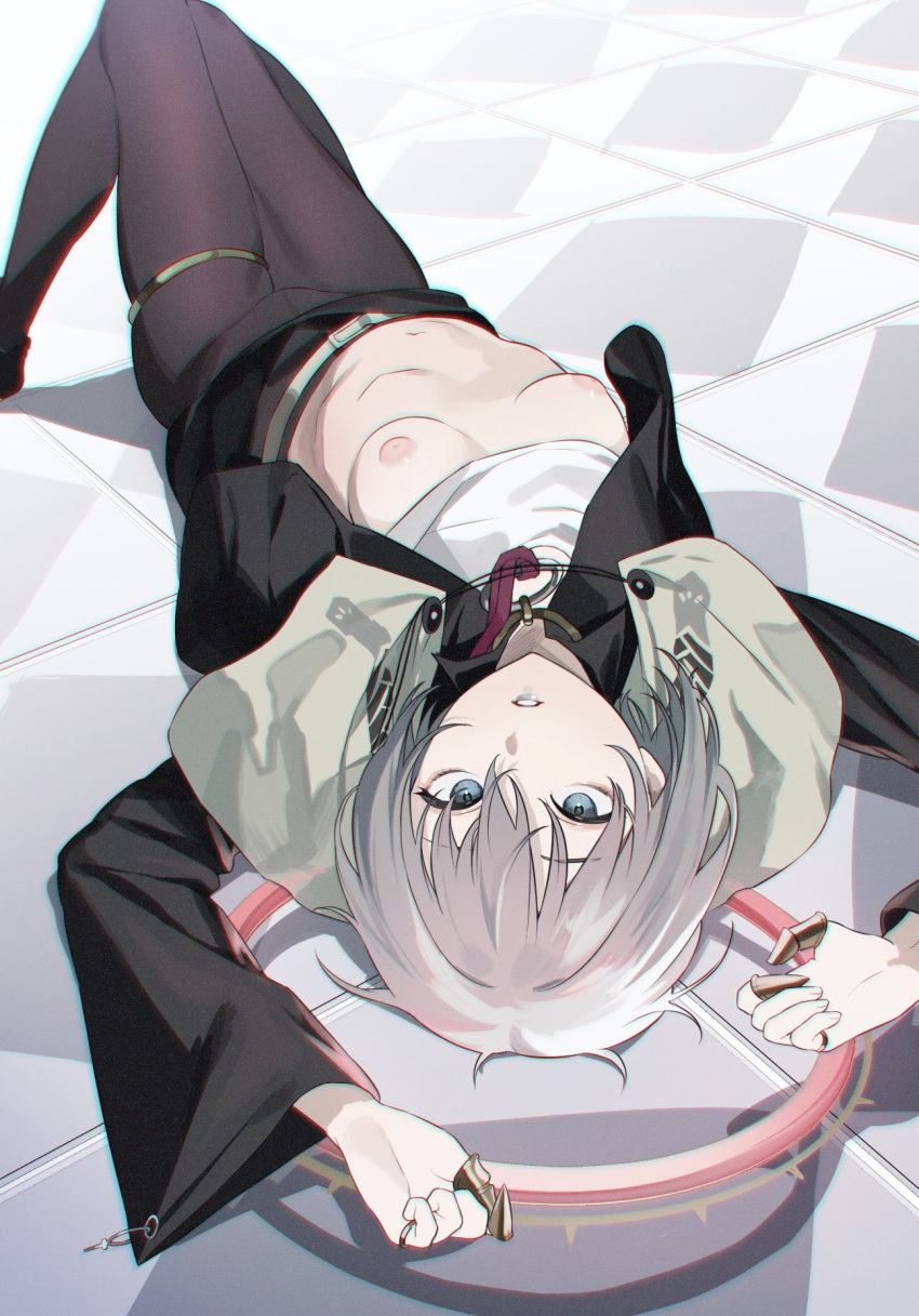 1girl amanekuu arms_up bangs black_shirt black_skirt blue_eyes breasts breasts_out caligula_(game) caligula_2 capelet clothes_lift collared_shirt crotch_seam grey_hair grey_lips halo highres jacket jewelry knees_together_feet_apart legs_together lipstick looking_at_viewer lying makeup navel nipples on_back on_floor open_clothes open_jacket open_shirt pantyhose parted_lips red_halo regret_(caligula_2) ring shirt shirt_lift short_hair skindentation skirt small_breasts solo thigh_strap thighs white_shirt wide_sleeves