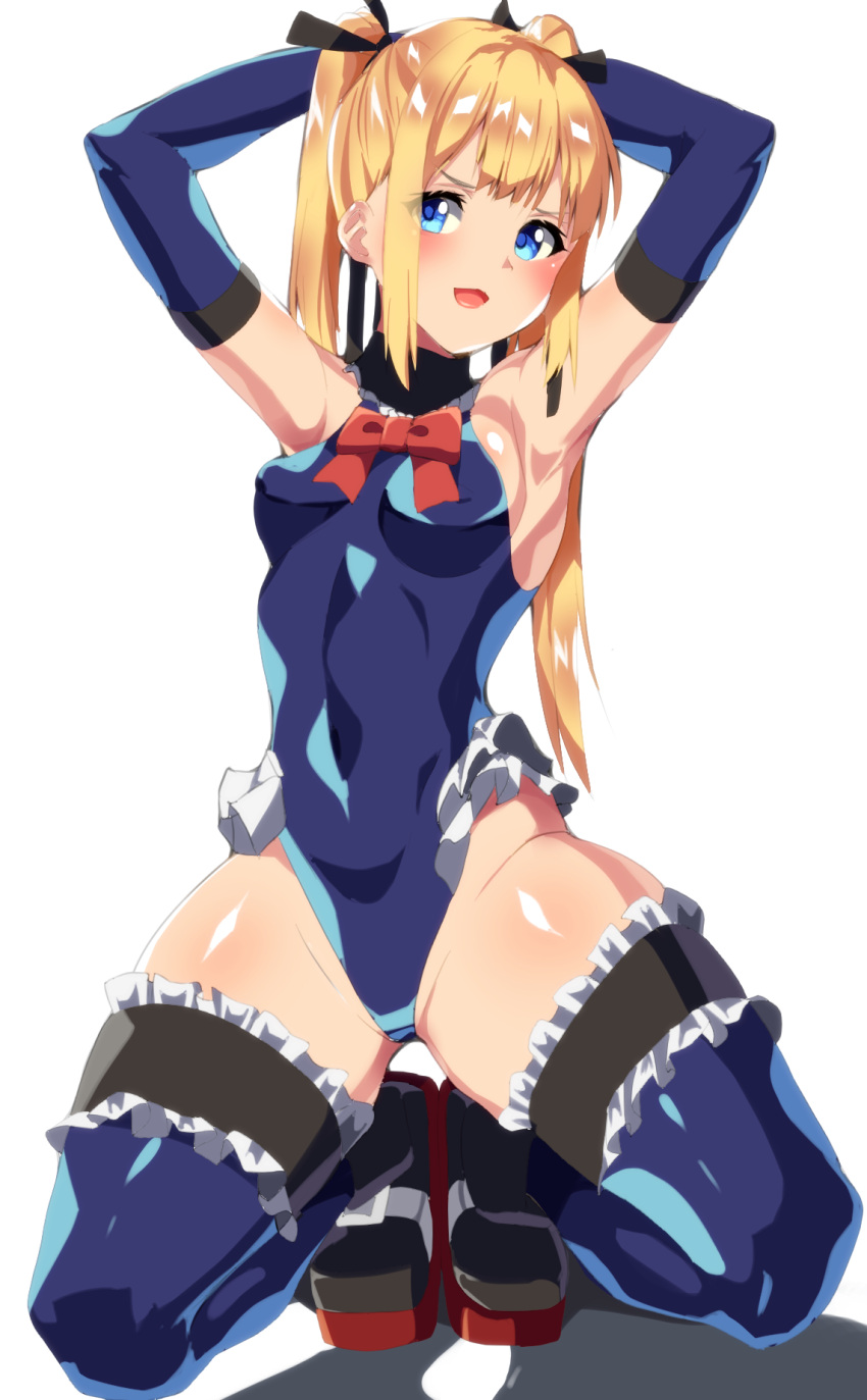 1girl arms_behind_head bare_shoulders black_ribbon blonde_hair blue_eyes blue_legwear blue_leotard breasts commentary_request dead_or_alive dead_or_alive_5 frilled_legwear frilled_leotard frills hair_ornament hair_ribbon highres kneeling leotard long_hair looking_at_viewer marie_rose nishisan_(mikurosu) ribbon simple_background small_breasts solo spread_legs squatting thighhighs twintails white_background x_hair_ornament
