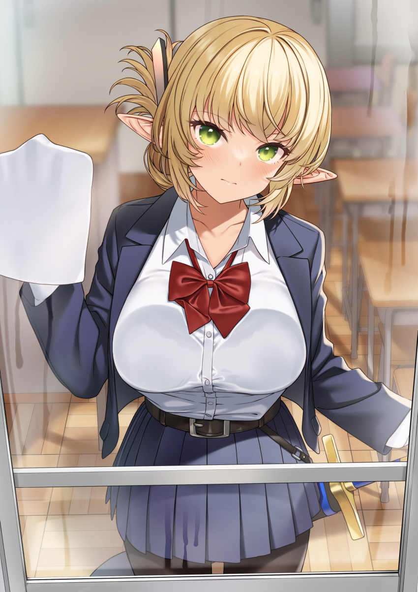 1girl absurdres aegis_(takunomi) against_glass bangs belt black_jacket black_legwear blonde_hair blue_skirt bow bowtie breast_press breasts breasts_on_glass chair classroom collarbone commentary_request desk dress_shirt elf enjo_kouhai green_eyes hair_ornament hairclip head_tilt highres jacket large_breasts light_blush long_sleeves looking_at_viewer open_clothes open_jacket pantyhose pleated_skirt pointing pointing_at_viewer pointy_ears red_bow red_bowtie scabbard school_chair school_desk school_uniform sheath shirt skirt solo takunomi window wooden_floor