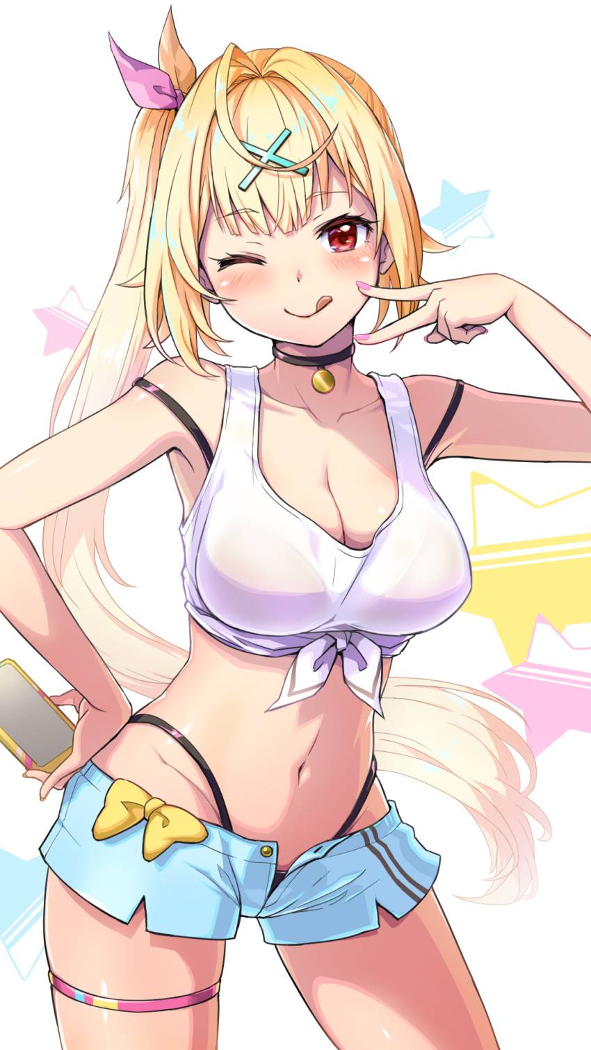 1girl ;q arm_up armpits bare_arms bare_shoulders black_choker blonde_hair blue_shorts bra_strap breasts choker cleavage closed_mouth cowboy_shot crop_top front-tie_top hair_ornament hair_ribbon hairclip hand_on_hip highleg highres hoshikawa_sara large_breasts long_hair looking_at_viewer midriff navel nijisanji one_eye_closed open_fly red_eyes ribbon shirt short_shorts shorts side_ponytail simple_background sleeveless sleeveless_shirt smile solo standing stomach strap_slip tank_top thigh_strap thighs tongue tongue_out very_long_hair virtual_youtuber white_background white_shirt x_hair_ornament zaxwu