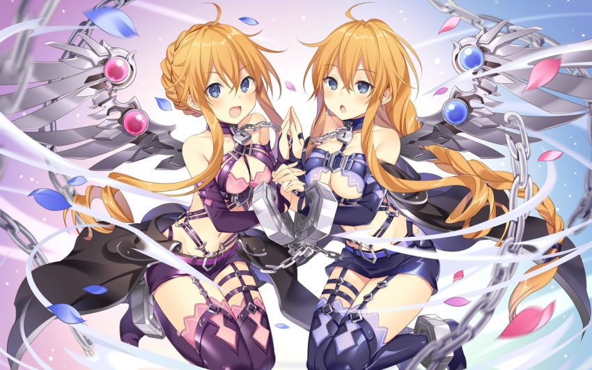 2girls between_breasts blush boots braid braided_bun braided_ponytail breasts chain cleavage commentary_request cowboy_shot cuffs date_a_live drill_hair eyebrows_visible_through_hair holding_hands looking_at_viewer mechanical_wings medium_breasts multiple_girls open_mouth orange_hair rie_(reverie) shackles short_shorts shorts siblings sisters smile solo sports_bikini thigh_boots twin_drills twins twintails wings yamai_kaguya yamai_yuzuru