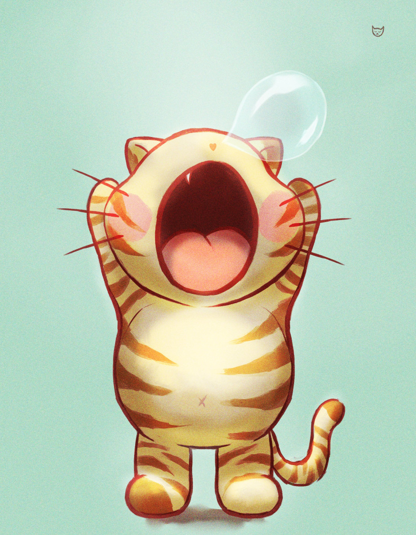 absurd_res bubble chibi cute_fangs domestic_cat fangs felid feline felis female feral fur genki hi_res male mammal markings navel nose_bubble open_mouth orange_body orange_fur solo stretching striped_body striped_fur striped_markings stripes teeth tired umbraunderscore whiskers white_body white_fur yawn