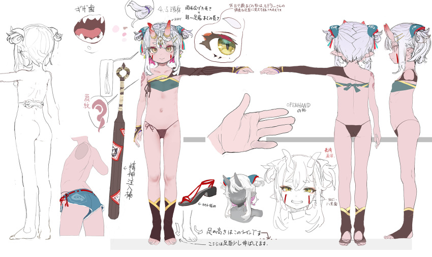 1girl ass asymmetrical_sleeves bandeau bangle black_panties bracelet character_sheet club_(weapon) colored_inner_hair colored_skin concept_art earrings facial_mark fangs flat_chest from_behind full_body green_eyes hair_ornament highres horn_ornament horns jewelry mochi_(circle_rin) monochrome multicolored_hair multiple_views nude official_art oni oni_horns panties pink_hair pink_skin pointy_ears profile sandals short_eyebrows short_shorts shorts side-tie_panties sketch slit_pupils smile teeth toeless_footwear toranoana translation_request turnaround two-tone_hair underwear vrchat weapon white_hair