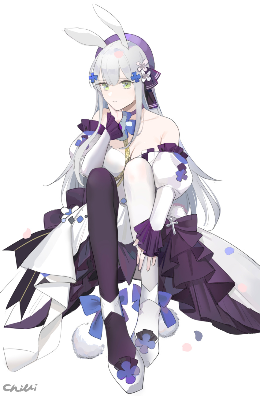 1girl absurdres chilli_646 dress evening_gown girls'_frontline highres hk416_(girls'_frontline) hk416_(starry_cocoon)_(girls'_frontline) layered_dress official_alternate_costume sitting strapless white_background yellow_eyes