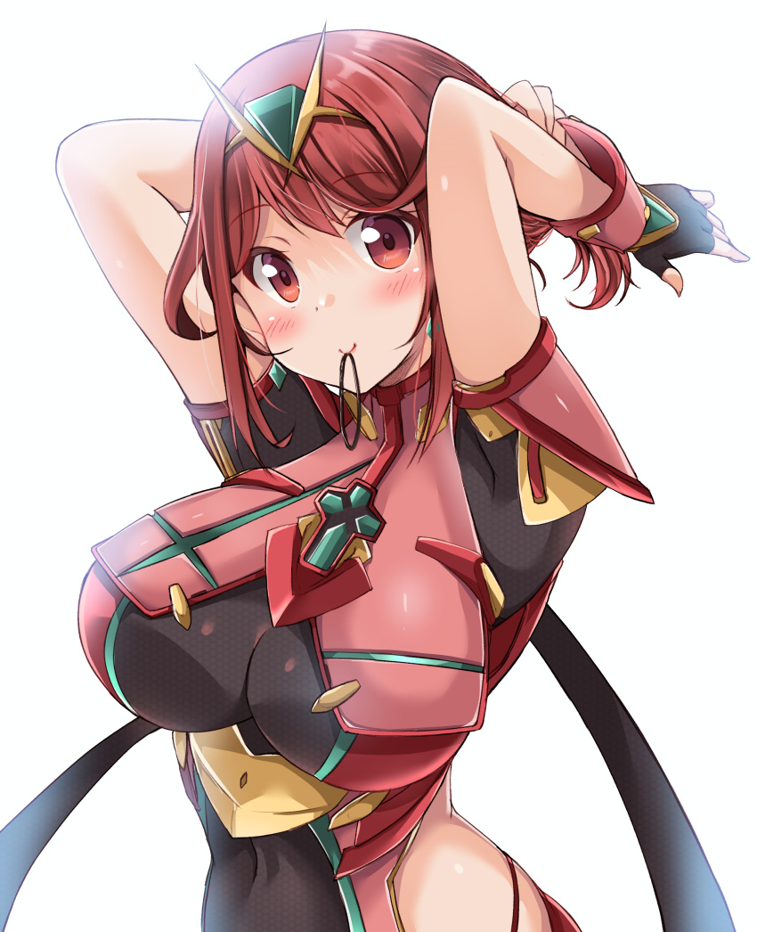 1girl absurdres bangs black_gloves breasts chest_jewel earrings eyebrows_visible_through_hair fingerless_gloves gem gloves headpiece highres jewelry kurokaze_no_sora large_breasts pyra_(xenoblade) red_eyes red_hair short_hair simple_background solo swept_bangs tiara white_background xenoblade_chronicles_(series) xenoblade_chronicles_2
