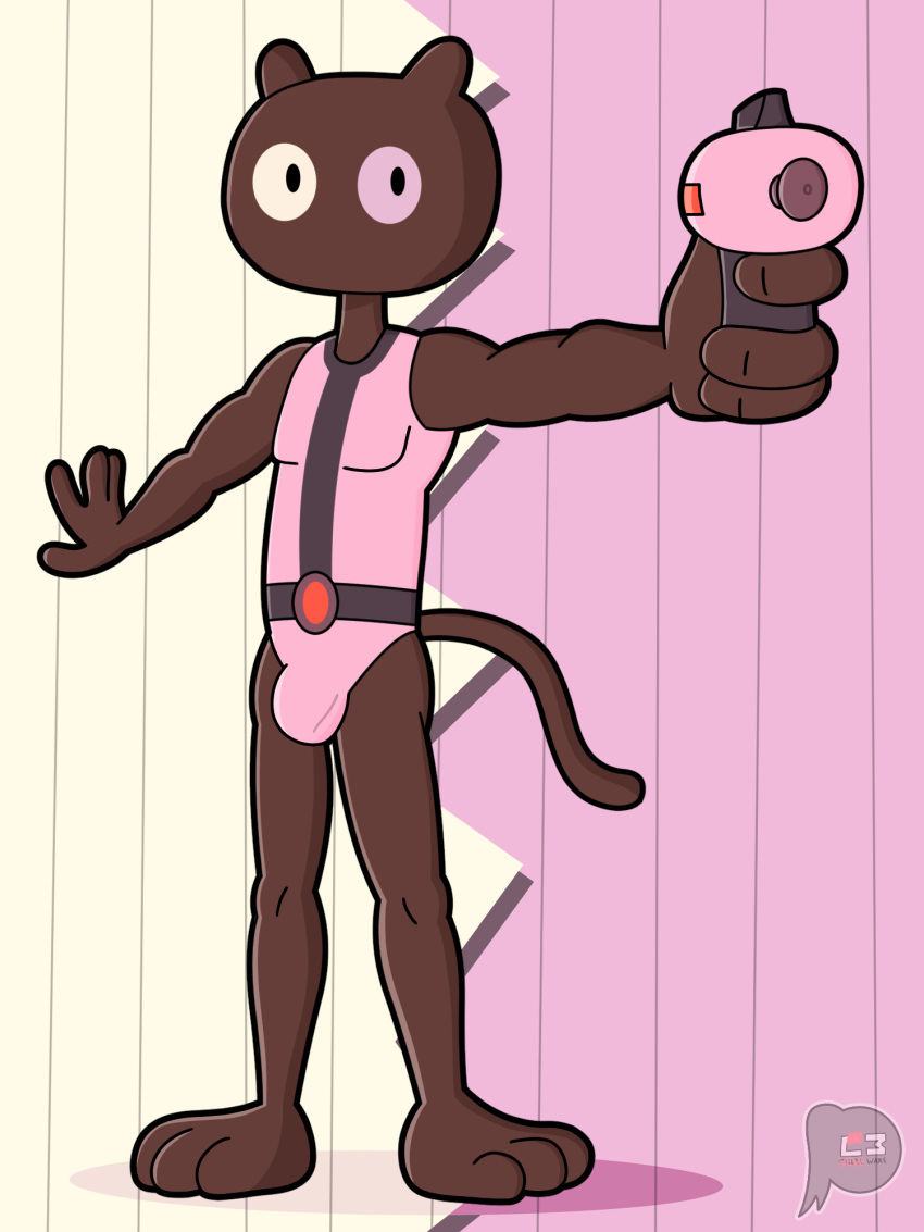 2022 anthro belt bulge cartoon_network clothed clothing colored cookie_cat digital_drawing_(artwork) digital_media_(artwork) domestic_cat felid feline felis fur hi_res holding_object holding_weapon lewdware male mammal pattern_background shaded signature simple_background solo steven_universe weapon