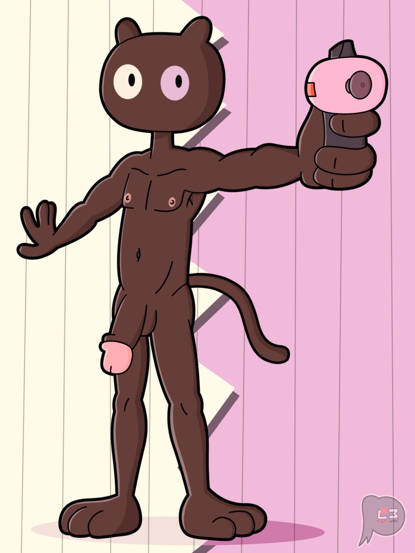 2022 anthro cartoon_network colored cookie_cat digital_drawing_(artwork) digital_media_(artwork) domestic_cat felid feline felis fur genitals hi_res holding_object holding_weapon humanoid_genitalia humanoid_penis lewdware male mammal nipples nude pattern_background penis shaded signature simple_background solo steven_universe weapon