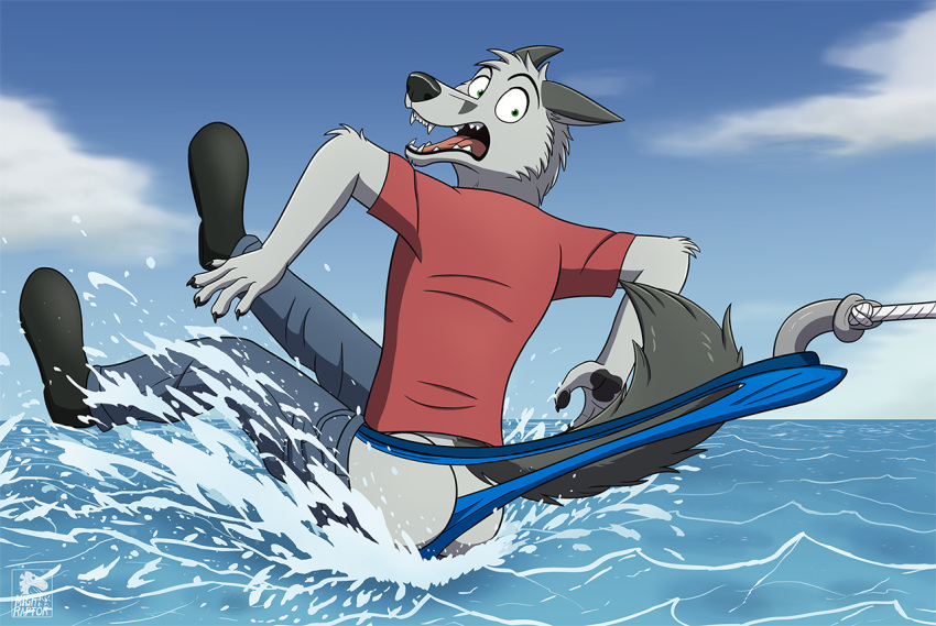 anthro beach bottomwear butt canid canine canis clothing day denim denim_clothing ears_down exposed fluffy footwear fox fur green_eyes grey_body grey_fur hook humiliation jeans looking_back male mammal mightyraptor pants pivoted_ears rope scared sea seaside shirt shoes skiing sky solo splashing stretching summer teeth tongue topwear underwear water wedgie wide_eyed wolf