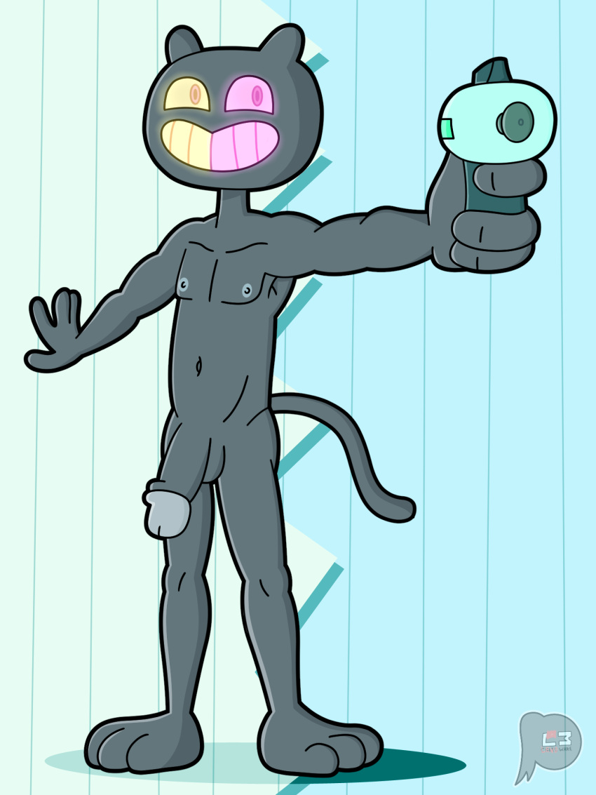 2022 anthro bulge cartoon_network clothed clothing colored cookie_cat digital_drawing_(artwork) digital_media_(artwork) domestic_cat felid feline felis fur genitals hi_res holding_object holding_weapon humanoid_genitalia humanoid_penis lewdware male mammal nipples nude pattern_background penis shaded signature simple_background smile smiley_face solo steven_universe swimwear weapon