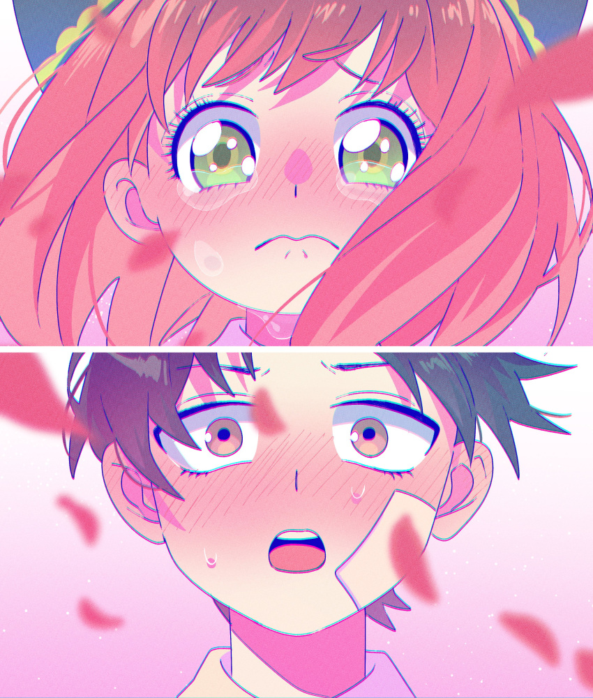 1boy 1girl absurdres anya_(spy_x_family) bandaid bandaid_on_face blush brown_eyes brown_hair closed_mouth crying crying_with_eyes_open damian_desmond double_bun face flicfloc flustered green_eyes half-closed_eyes hetero highres looking_at_viewer petals pink_hair sad split_screen spy_x_family sweatdrop tearing_up tears wavy_mouth wide-eyed