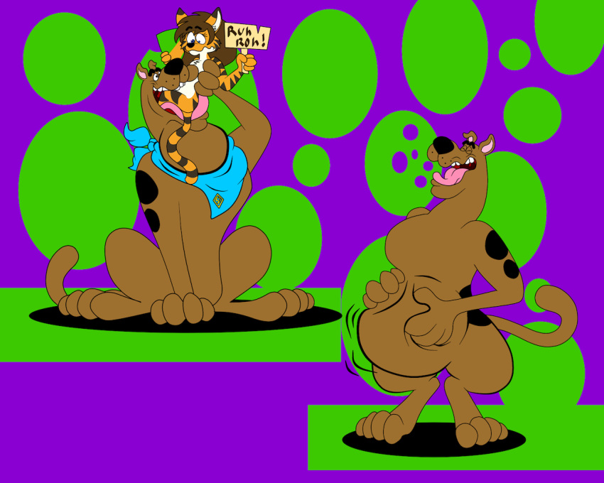 anthro belly big_belly brown_body brown_fur burping canid canine canis domestic_dog duo felid female feral fur great_dane hand_on_stomach hanna-barbera male male/female mammal mastiff molosser nine-the-foxaroo open_mouth oral_vore orange_body orange_fur pantherine scooby-doo scooby-doo_(series) size_difference tiger tongue vore