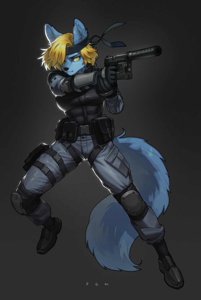 absurd_res action_pose anthro bandanna blonde_hair blue_body blue_fur canid canine clothing cosplay female fox fur gun hair hi_res kerchief konami mammal metal_gear pgm300 pose ranged_weapon sneaking_suit solid_snake_(cosplay) solo tactical_gear uniform victoria_voss video_games weapon yellow_eyes