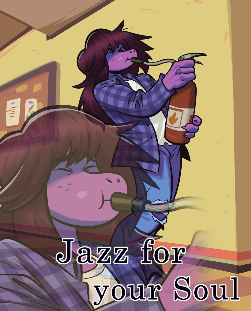 4_fingers angusburgers anthro bottomwear clawed_fingers clothing deltarune denim denim_clothing digital_media_(artwork) eyebrows eyes_closed female fingers fire_extinguisher flannel flannel_shirt freckles hair hi_res holding_object jazz_for_your_soul jeans long_hair meme messy_hair pants playing_music purple_body purple_skin reptile scalie school solo standing susie_(deltarune) tomboy torn_bottomwear torn_clothing torn_jeans torn_pants translucent undertale_(series) video_games