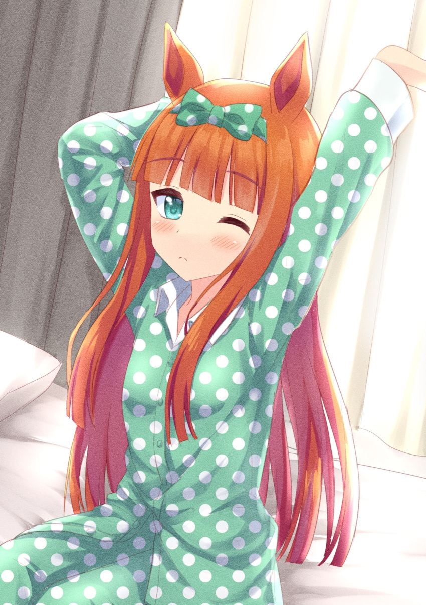 alternate_costume animal_ears arms_up bangs bed blush commentary_request curtains green_eyes hair_ribbon highres horse_ears horse_girl looking_at_viewer one_eye_closed orange_hair pajamas pillow ribbon sakurakkuma silence_suzuka_(umamusume) umamusume waking_up