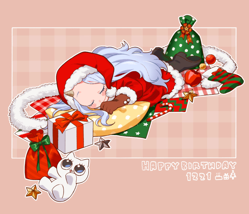 1girl apple blush boku_no_hero_academia boots candy candy_cane child christmas christmas_ornaments christmas_present christmas_star closed_eyes closed_mouth costume dress eri_(boku_no_hero_academia) food fruit gift gloves grey_hair hat headdress highres horns long_hair nns146 pink_background santa_boots santa_costume santa_dress santa_gloves santa_hat simple_background single_horn sleeping smile solo wrapping wrapping_paper