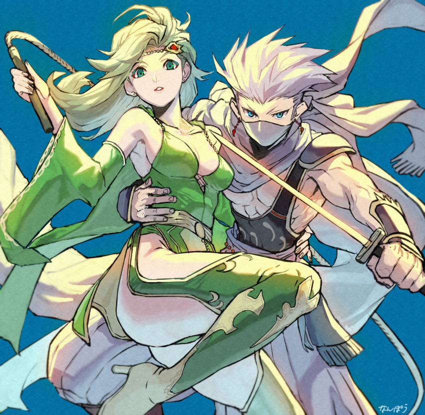 1boy 1girl arm_around_waist armor ass asymmetrical_hair belt blue_background blue_eyes boots breasts circlet cleavage detached_sleeves earrings edward_geraldine final_fantasy final_fantasy_iv green_eyes green_hair grey_scarf hand_on_another's_waist high_heel_boots high_heels highres holding holding_sword holding_weapon jewelry mask medium_breasts medium_hair mouth_mask muscular muscular_male nanpou_(nanpou0021) parted_lips pectorals rydia_(ff4) scarf short_hair shoulder_armor spiked_hair sword weapon white_hair wide_sleeves