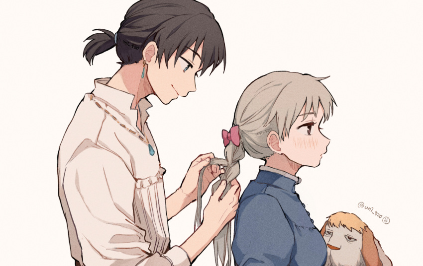 1boy 1girl bow braiding_hair dango_(uni_520) dog hairdressing heen howl_(howl_no_ugoku_shiro) howl_no_ugoku_shiro pink_bow simple_background sophie_(howl_no_ugoku_shiro) studio_ghibli white_background