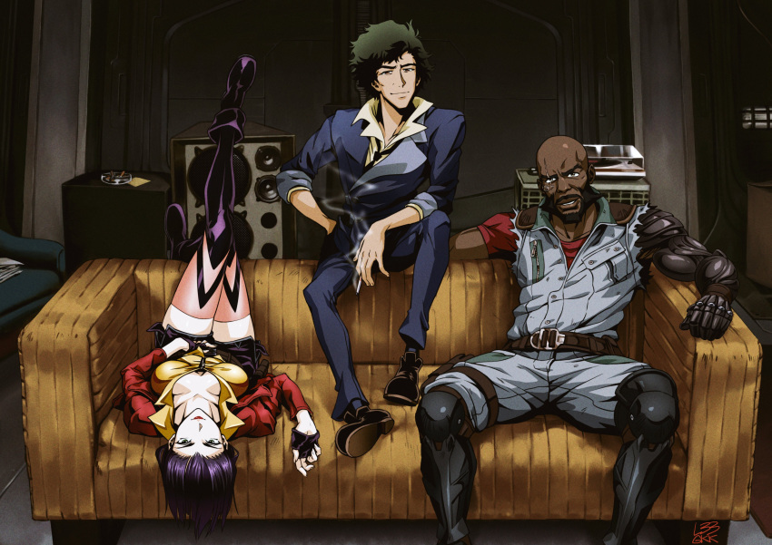 1girl 2boys absurdres animification cigarette couch cowboy_bebop cowboy_bebop_(netflix) dark-skinned_female dark-skinned_male dark_skin faye_valentine_(netflix) highres jet_black_(netflix) kanta-kun leo_bruno_(gkk) leobgkk multiple_boys prosthesis prosthetic_arm purple_hair scar scar_across_eye sitting spike_spiegel_(netflix)