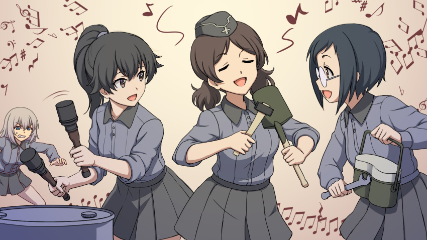 4girls :d angry bangs black_eyes black_hair black_headwear black_skirt brown_background brown_eyes brown_hair closed_eyes dress_shirt drum_(container) eighth_note explosive extra eyebrows_visible_through_hair frown garrison_cap girls_und_panzer glasses gradient gradient_background grenade grey_shirt grimace hair_tie hammer hat highres holding insignia itsumi_erika itsumi_erika's_gunner itsumi_erika's_loader ivy kuromorimine_school_uniform leaning_forward long_hair long_sleeves military_hat miniskirt motion_lines multiple_girls musical_note open_mouth pleated_skirt ponytail pot round_eyewear sangou_(girls_und_panzer) school_uniform shinmai_(kyata) shirt shovel skirt sleeves_rolled_up smile stielhandgranate swept_bangs twintails twitter_username v-shaped_eyebrows v-shaped_eyes wrench