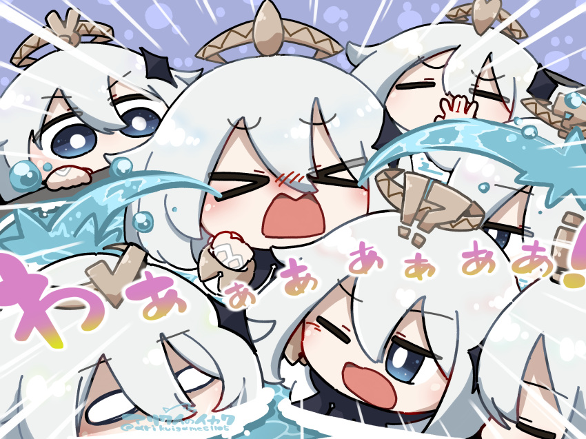 !? &gt;_&lt; 1girl arikuigames1105 blue_eyes chibi closed_eyes crying genshin_impact grey_hair hair_ornament halo highres multicolored_eyes multiple_girls o_o open_mouth paimon_(genshin_impact) short_hair star_(symbol) star_hair_ornament tears white_hair