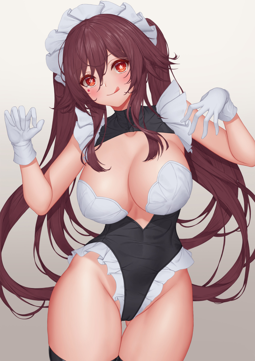 :q absurdres ass_visible_through_thighs bangs black_legion blush breasts brown_hair cameltoe cleavage commentary_request cowboy_shot eyebrows_visible_through_hair flower-shaped_pupils frilled_leotard frilled_sleeves frills genshin_impact gloves gradient gradient_background hair_between_eyes head_tilt highleg highleg_leotard highres hu_tao_(genshin_impact) large_breasts leotard long_hair looking_at_viewer maid maid_headdress maid_leotard pinkcap red_eyes short_sleeves shrug_(clothing) sidelocks simple_background sticker_on_face strapless strapless_leotard symbol-shaped_pupils thighhighs thighs tongue tongue_out twintails two-tone_leotard very_long_hair white_gloves white_leotard