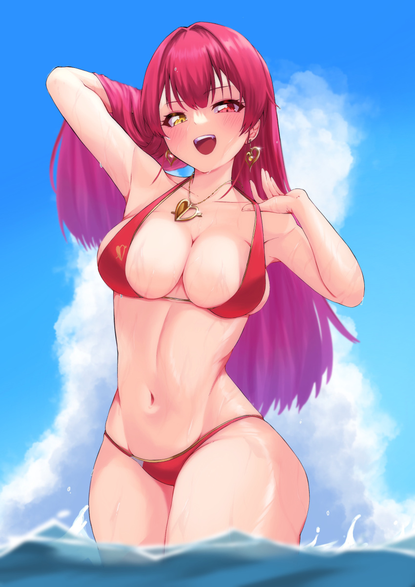 1girl :d absurdres arm_behind_head arm_up bikini blue_sky blush breasts cleavage cloud collarbone cowboy_shot earrings gold_earrings gold_necklace gold_trim hair_lift hand_up heart heart_earrings heart_necklace heterochromia highres hololive houshou_marine jewelry large_breasts long_hair looking_at_viewer navel open_mouth red_bikini red_eyes red_hair shooot108 skindentation sky smile solo stomach straight_hair strap_pull swimsuit virtual_youtuber wading water wet wide_hips