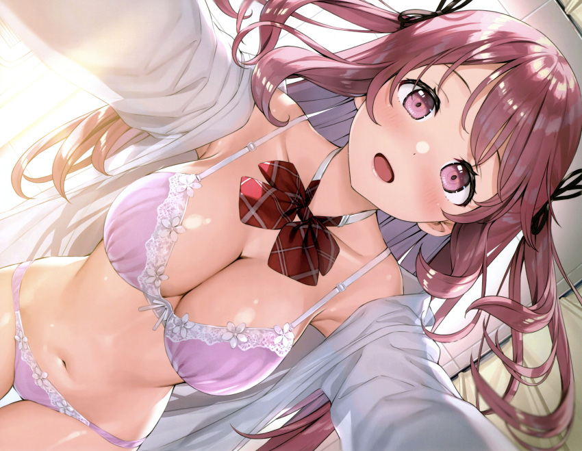 1girl :d absurdres all_fours blush bow bowtie bra breasts cleavage curtains dutch_angle from_below hair_ribbon highres indoors kantoku kurumi_(kantoku) large_breasts long_hair navel off_shoulder open_clothes open_shirt original panties pink_bra pink_eyes pink_hair pink_panties pov ribbon scan see-through sidelocks smile solo two_side_up underwear