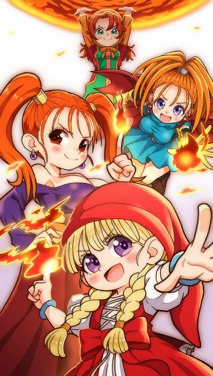 4girls absurdres barbara_(dq6) blonde_hair blue_dress braid breasts cape cleavage dragon_quest dragon_quest_vi dragon_quest_vii dragon_quest_viii dragon_quest_xi dress earrings fire fushicho green_eyes hair_tubes high_ponytail highres hood jessica_albert jewelry large_breasts low_twin_braids maribel_(dq7) medium_breasts multiple_girls off-shoulder_shirt off_shoulder open_mouth orange_hair purple_eyes purple_shirt red_cape red_eyes red_hair red_headwear red_skirt shirt skirt smile twin_braids twintails v-shaped_eyebrows veronica_(dq11)