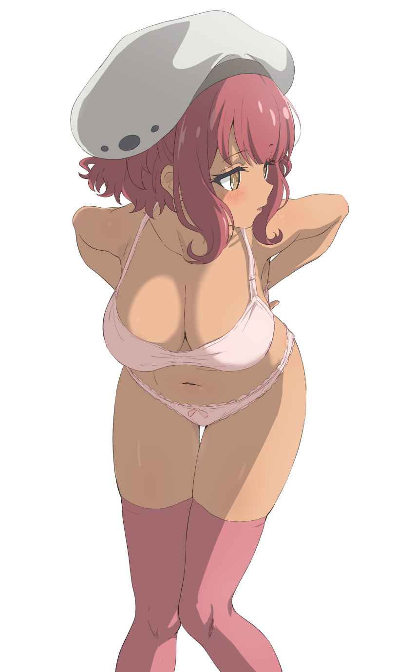 1girl absurdres arms_behind_back bangs bare_arms beret blush bow bow_panties bra braid breasts brown_eyes cleavage collarbone dark-skinned_female dark_skin feet_out_of_frame hat highres holt_(mahoutsukai_reimeiki) knees_together_feet_apart large_breasts leaning_forward lips looking_away mahoutsukai_reimeiki navel panties parted_lips pink_hair pink_legwear short_hair sidelocks simple_background sincos solo stomach thighhighs turning_head underwear underwear_only white_background white_bra white_headwear white_panties